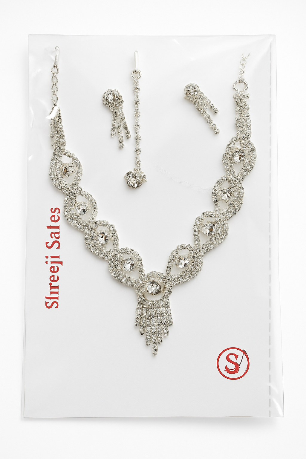 Premium Silver Rhinestone Bridal Necklace Set – Earrings & Maang Tikka