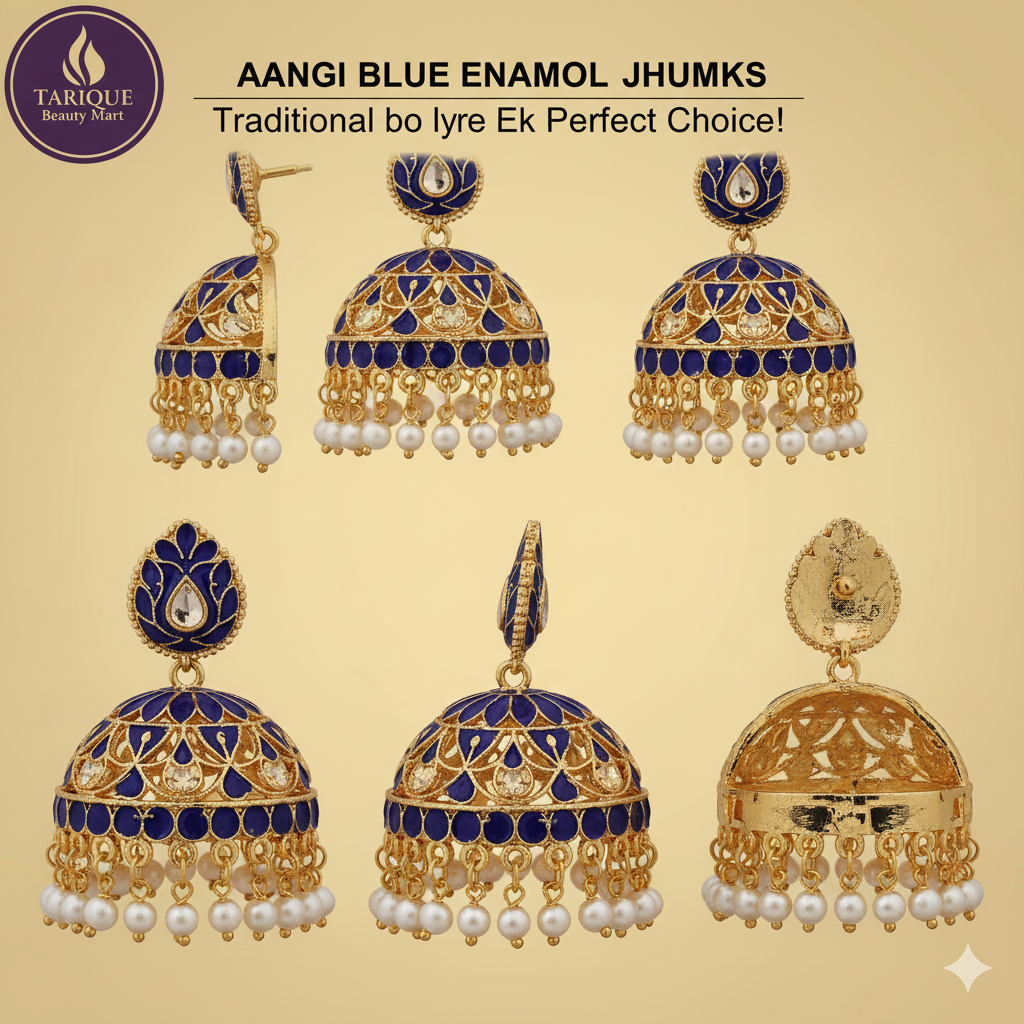 Aangi Blue Enamel Jhumka Earrings – Traditional Meenakari Gold-Plated Jhumki with Pearl Drops