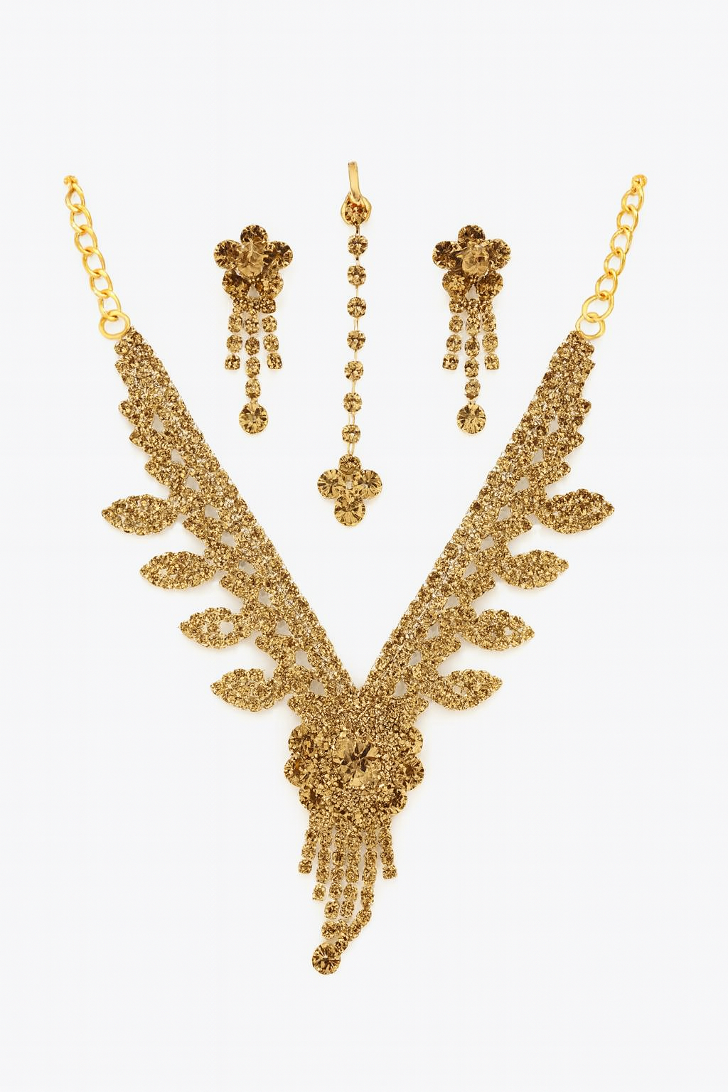 “Golden Bridal Necklace Set with Earrings & Maang Tikka – Premium Stone Work Jewellery