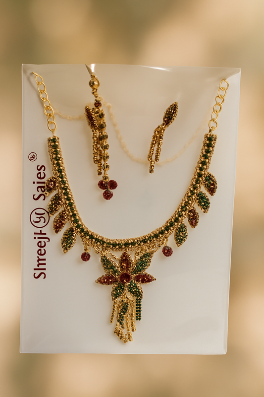 Golden Red–Green Stone Necklace Set with Earrings & Maang Tikka