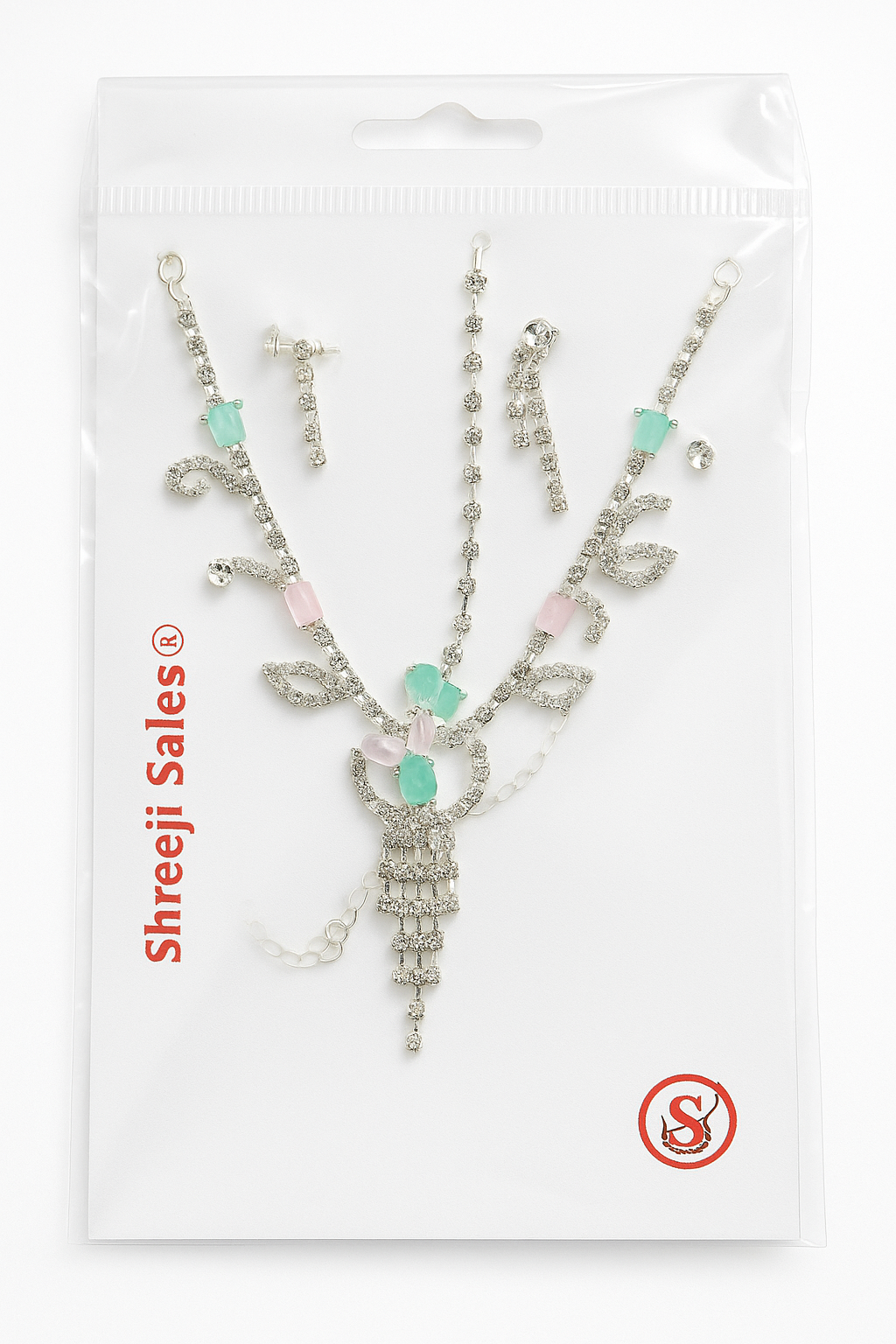 Premium Silver Crystal Necklace Set with Pastel Stones – Earrings & Maang Tikka