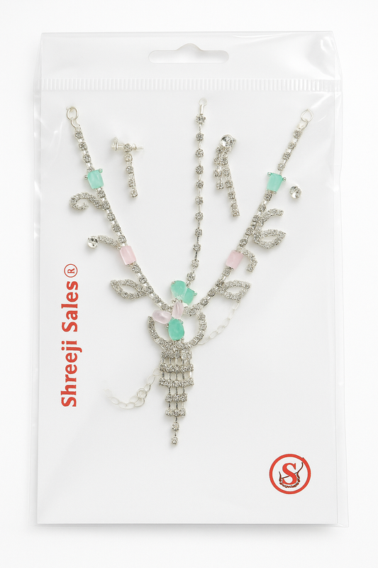 Premium Silver Crystal Necklace Set with Pastel Stones – Earrings & Maang Tikka