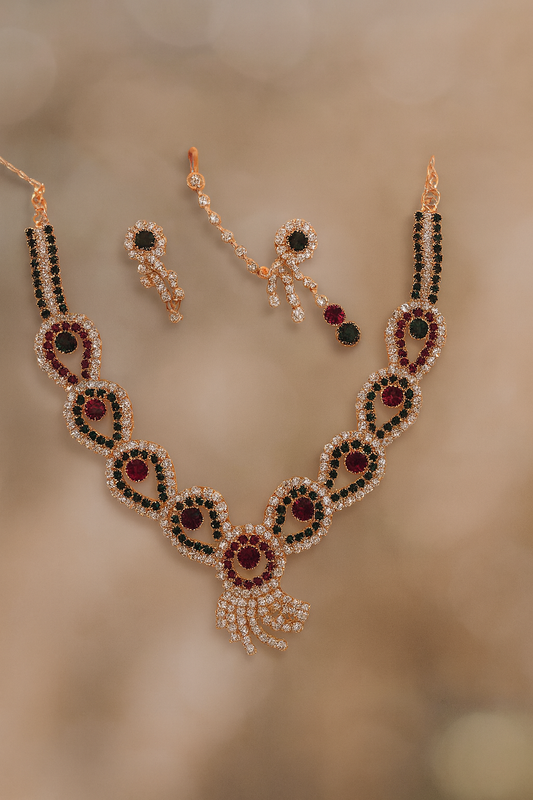 Royal Green & Red Stone Necklace Set with Earrings & Maang Tikka – Premium Rose Gold Finish