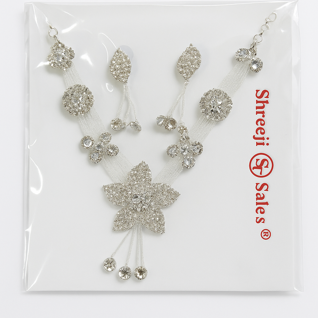 Premium Silver Crystal Bridal Jewelry Set – Necklace, Earrings & Maang Tikka