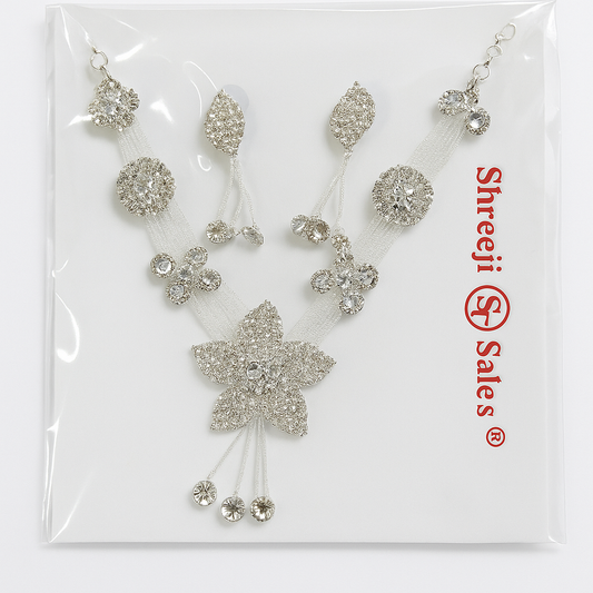 Premium Silver Crystal Bridal Jewelry Set – Necklace, Earrings & Maang Tikka
