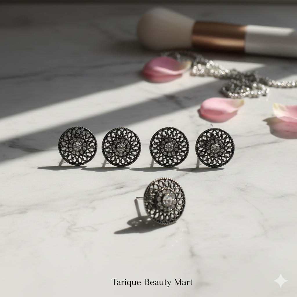 Oxidized Silver Floral Stud Earrings – Vintage Style Round Ethnic Tops with Sparkling Stones