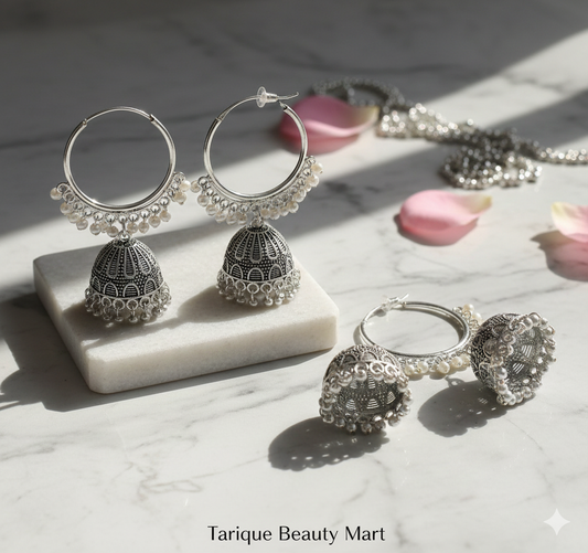Oxidized Silver-Plated Bali Jhumka Earrings – Traditional Hoop Style Jhumki with Pearl Beads