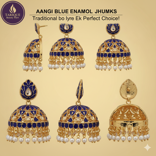 Aangi Blue Enamel Jhumka Earrings – Traditional Meenakari Gold-Plated Jhumki with Pearl Drops