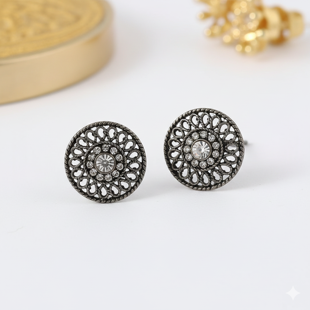 Oxidized Silver Floral Stud Earrings – Vintage Style Round Ethnic Tops with Sparkling Stones