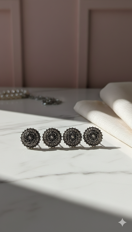 Oxidized Silver Floral Stud Earrings – Vintage Style Round Ethnic Tops with Sparkling Stones