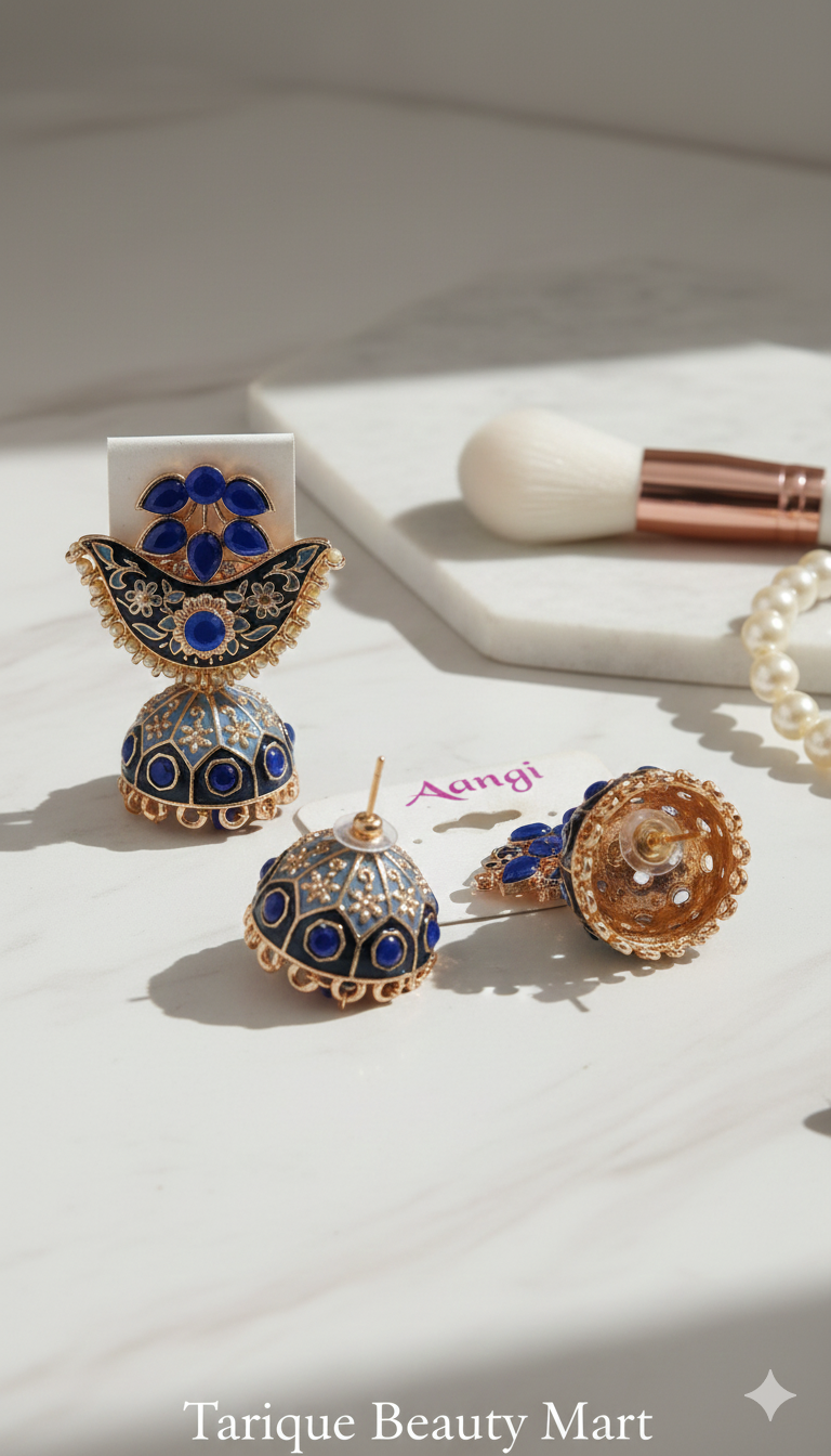 Aangi Blue Enamel Jhumka Earrings – Traditional Meenakari Gold-Plated Jhumki with Pearl Drops