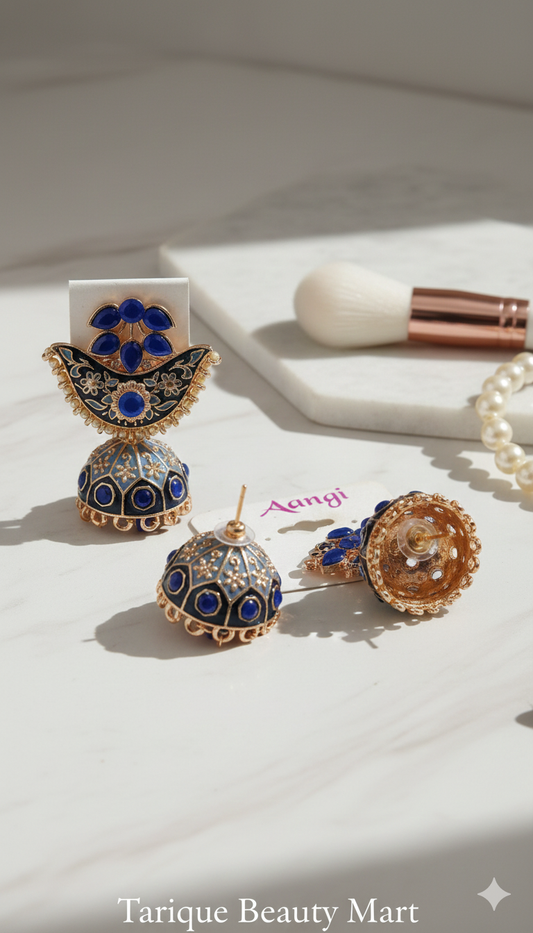 Aangi Blue Enamel Jhumka Earrings – Traditional Meenakari Gold-Plated Jhumki with Pearl Drops